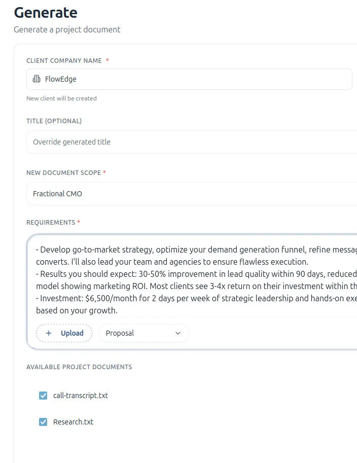FlowEdge document generation interface showing client name, scope, and requirements fields